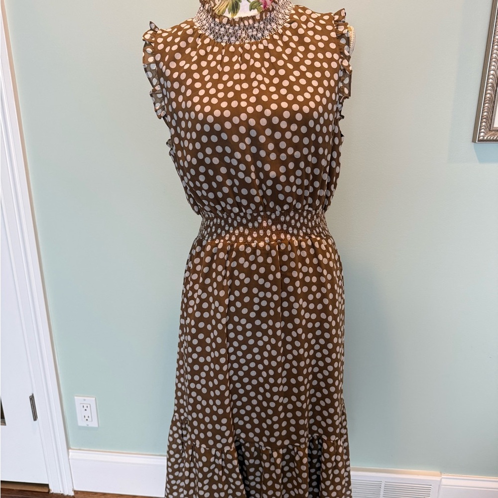 J. Crew Brown and White Polka Dot Midi Dress